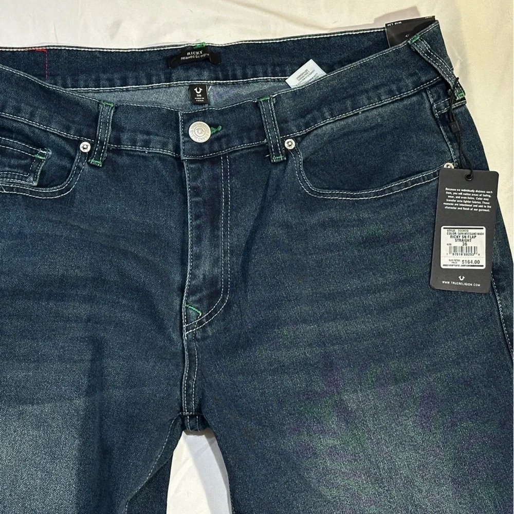 True Religion Ricky Straight Jeans Mens 36x34 Dark Wash Flap Pocket NWT